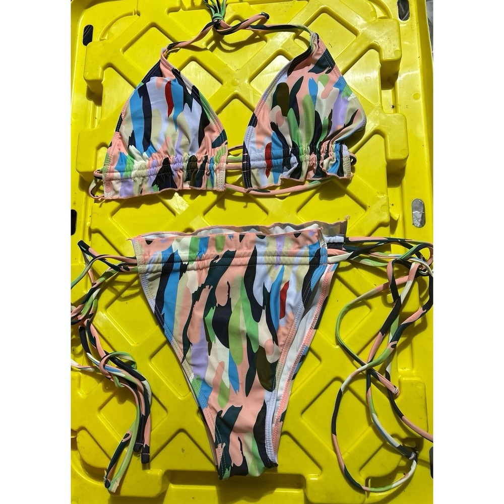NEW Colorful Abstract Ruffle Trim String Bikini, Size Large